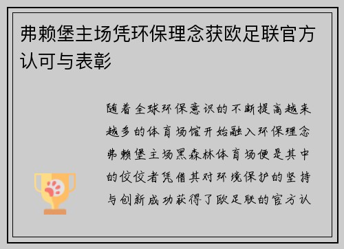 弗赖堡主场凭环保理念获欧足联官方认可与表彰